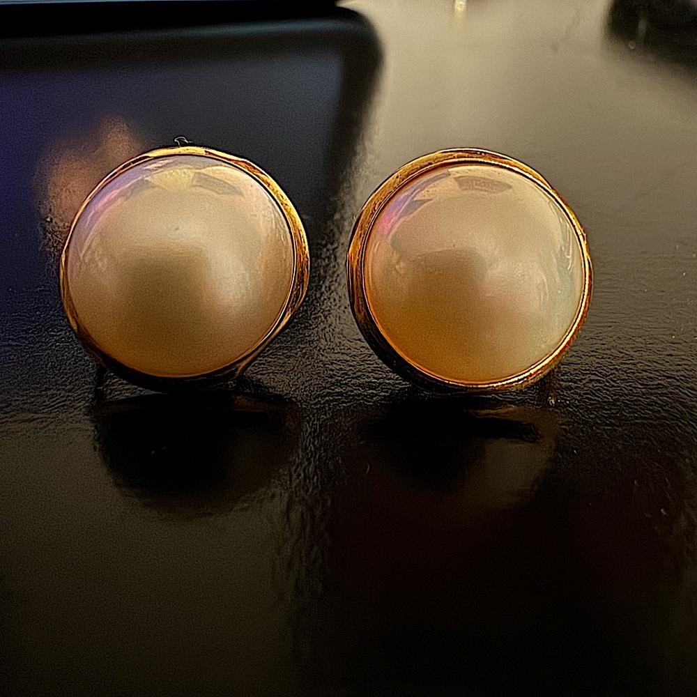 Vintage, Faux, Gold Large Mabe Pearl Earrings